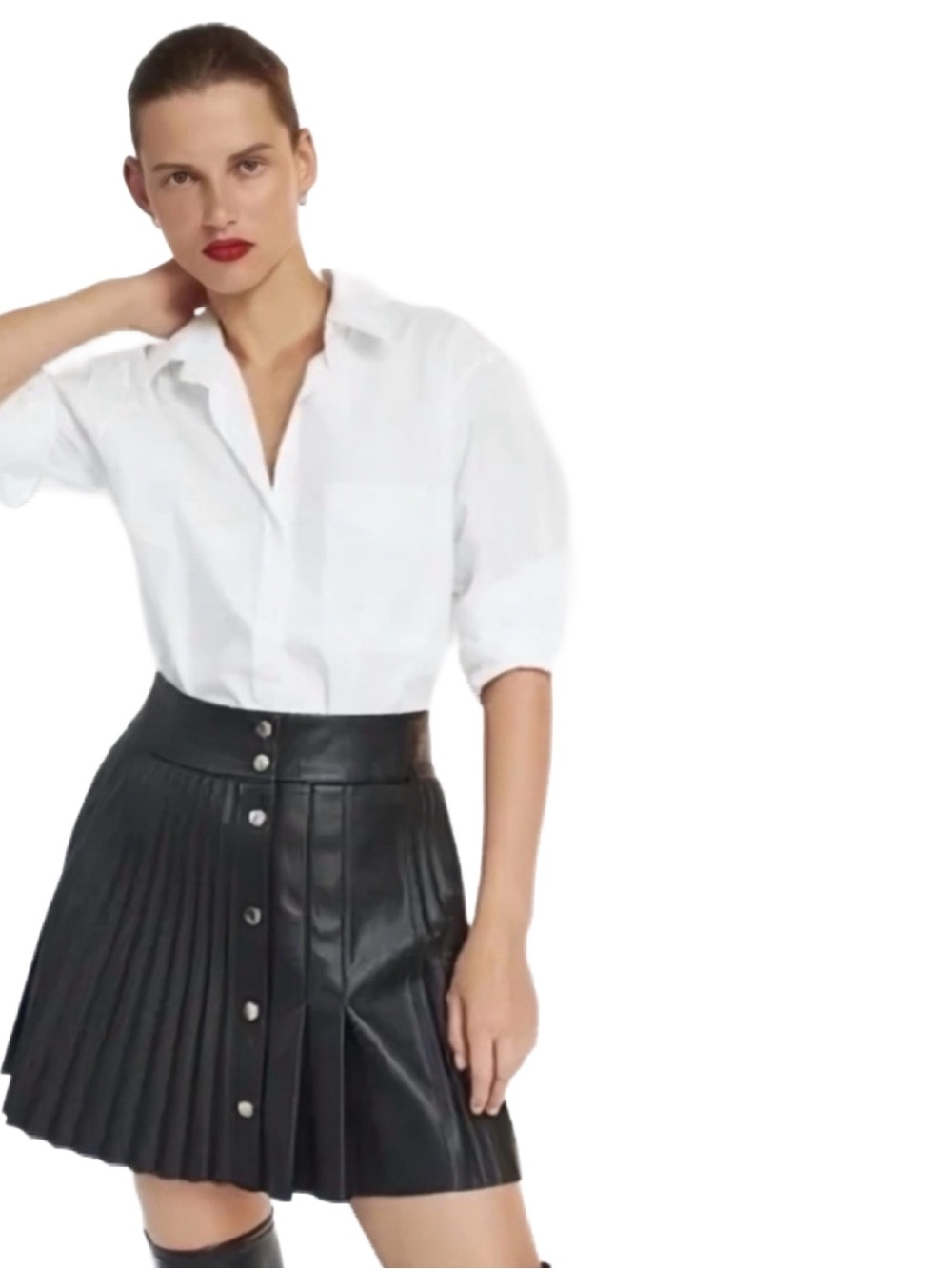 ZARA Black Faux Leather Pleated Mini Skirt Gold Button Front XS
